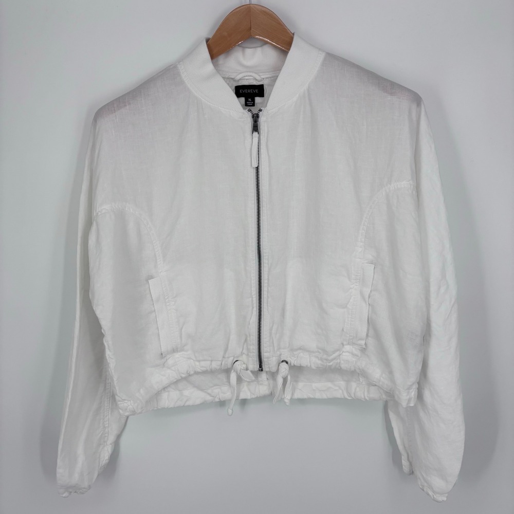 Evereve Noa Relaxed Linen Bomber Jacket Womens XL White 100% Linen Cropped